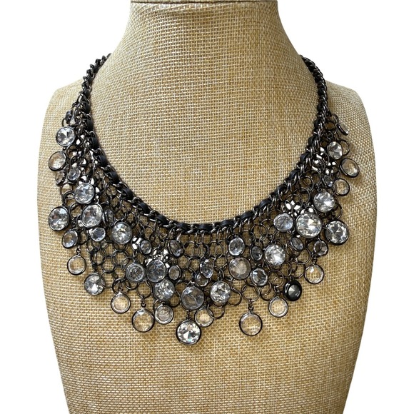 Chicos Bib Necklace Gunmetal Clear Crystal Statement Meghan 194259311340 - Picture 1 of 8